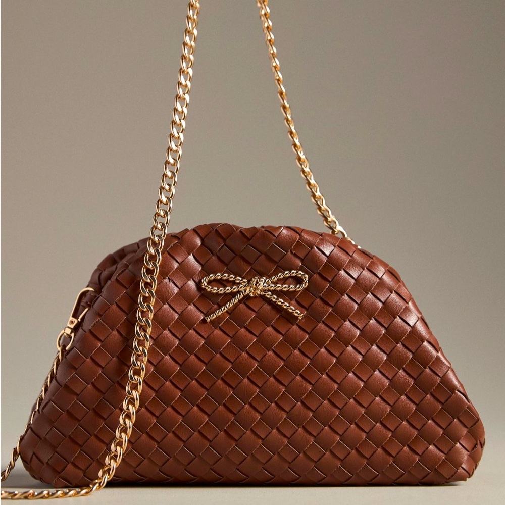 Anthropologie Woven Brown Crossbody Bag with Gold Chain